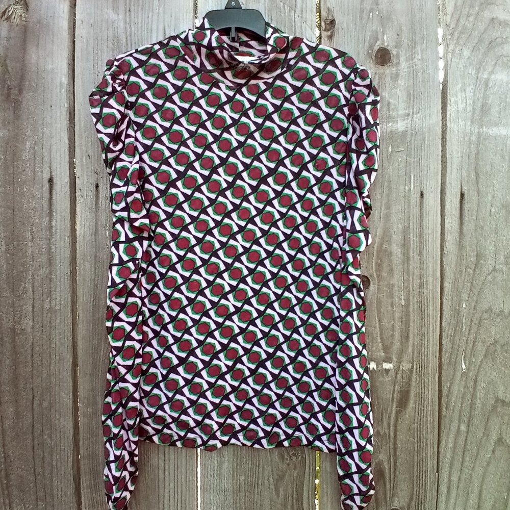 Diane Von Furstenberg Top Remy Mesh S Wave Geo Camel Geometric Print Turtleneck